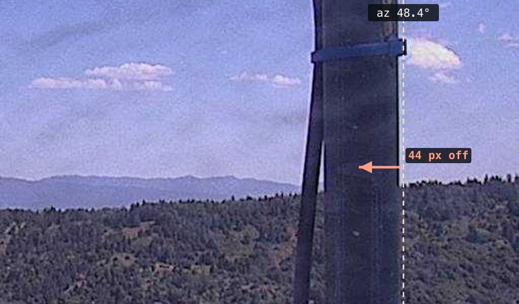 Naive pano crop: the mast sits 45 pixels left of the azimuth 48.4 degree line