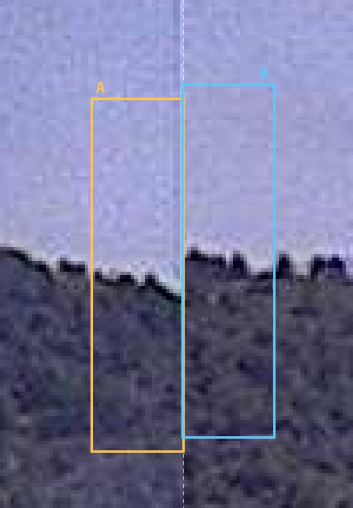 Zoom on the naive seam with boxes A and B marking the same treeline printed on both sides