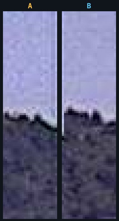 The two boxed strips enlarged side by side showing the same skyline profile